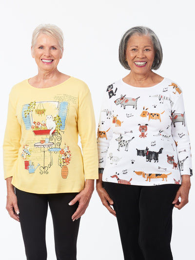 Bow Wow & Meow 3/4 Sleeve Tops. Cat and Dog Blouses