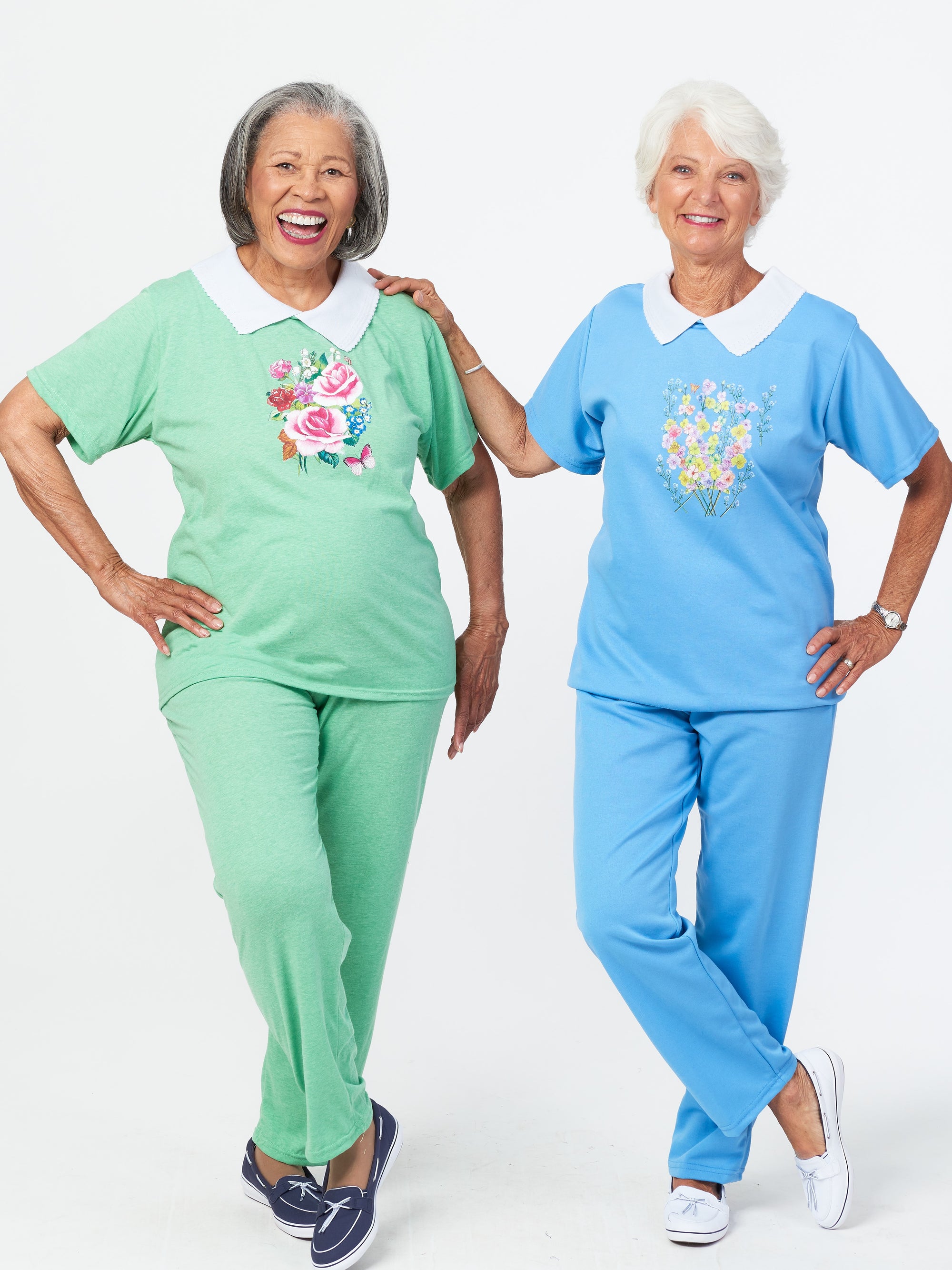 Short Sleeve knit outfit. Elastic waist pants. screen print & collar.