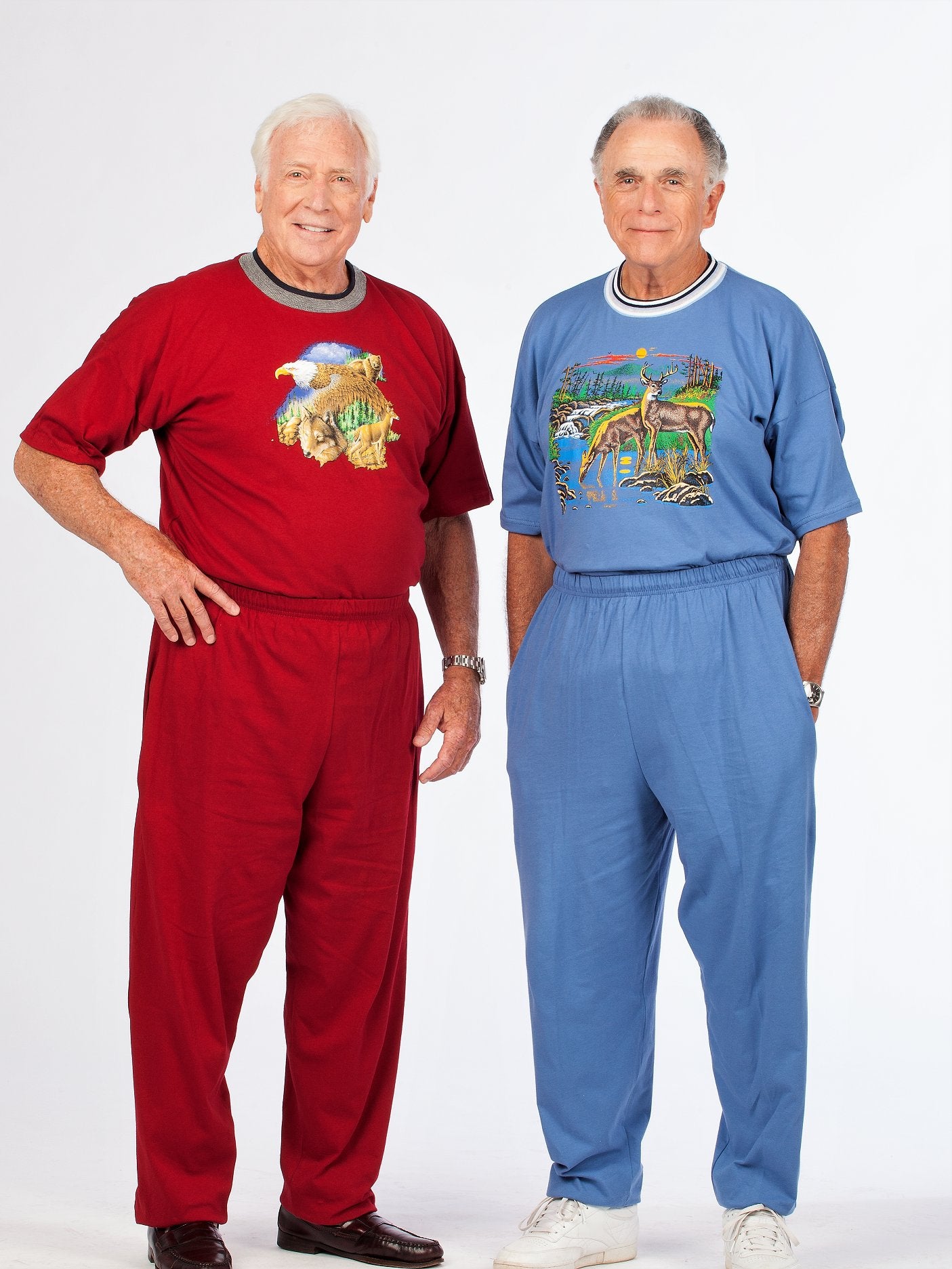 Men's pant outfit with elastic waist pants and screen printed short sleeve top