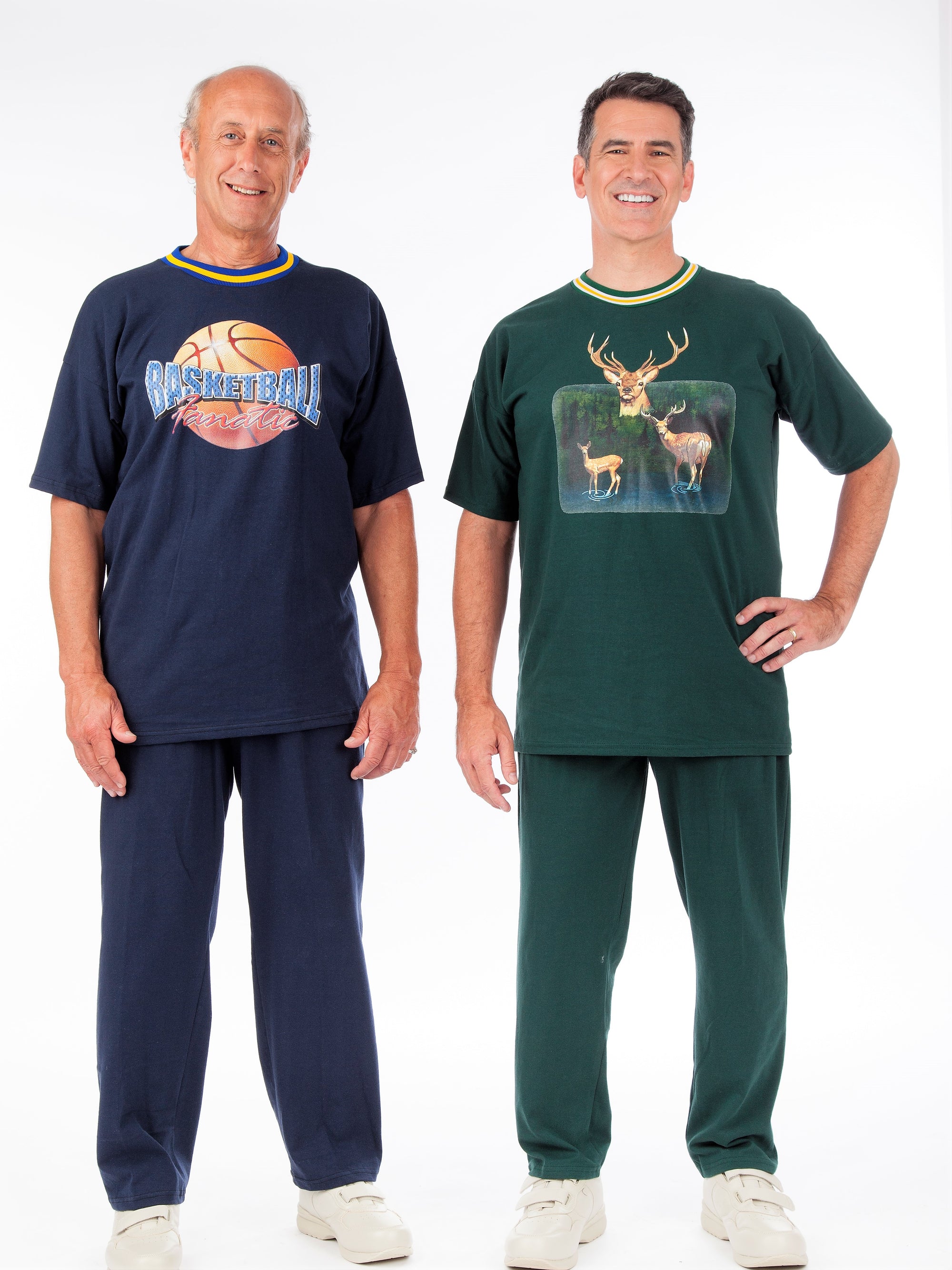 Men's pant outfit with elastic waist pants and screen printed short sleeve top