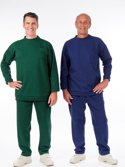 men's adaptive fleece outfit, back snap top, side zip pants