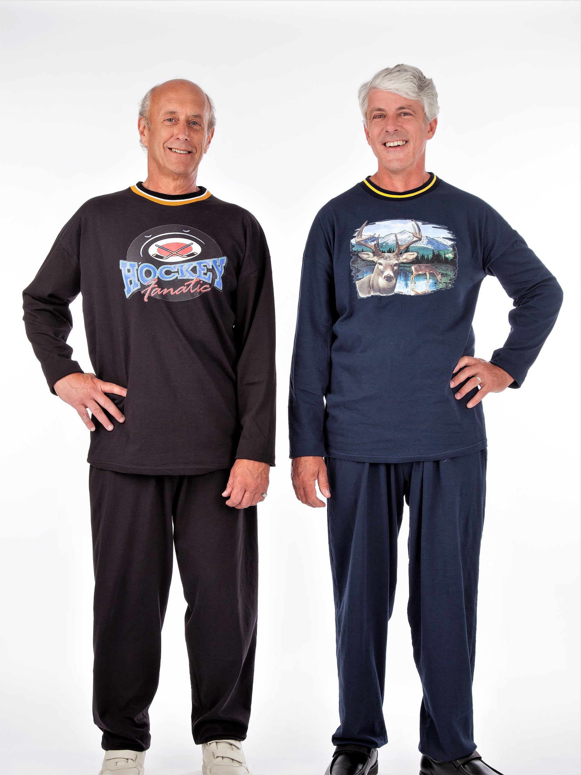 Men's knit outfit, long sleeve, elatic waist pants, screen prints