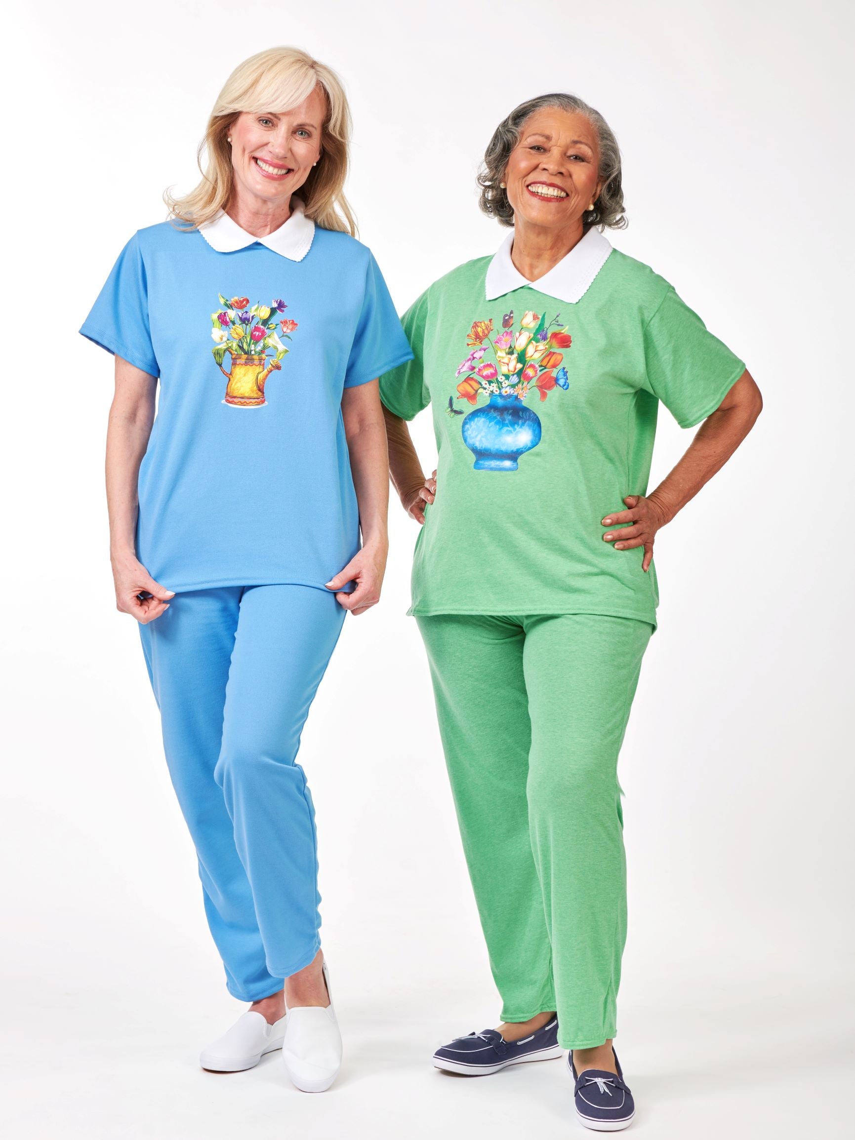 short sleeve screen printed knit sets with collars