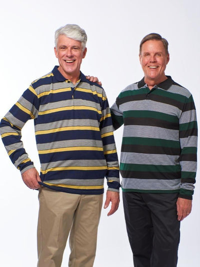 Adaptive Striped Polo Shirt, Adaptive Men's Long Sleeve Polo, Back Snap Polo