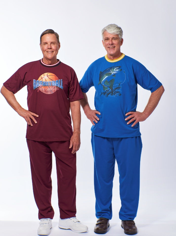 Men's Short Sleeve Knit Outfit with Elastic Waist Pants and a Screen Print