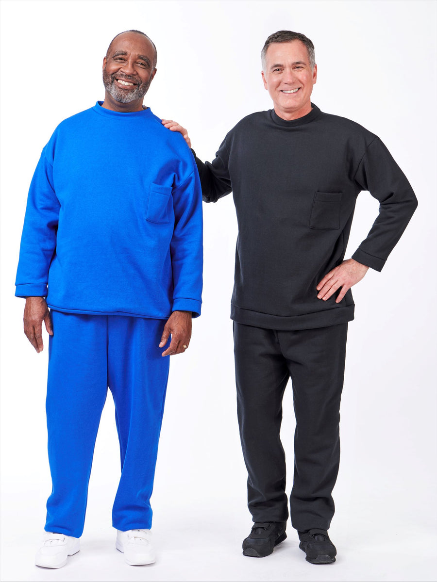 Purchase men's adaptive sweatsuits at Resident Essentials. We sell men's  adaptive warm-up suits in several options with personalizable clothing  labels at no extra charge. Our men's jogging suits are high-quality,  affordable, and