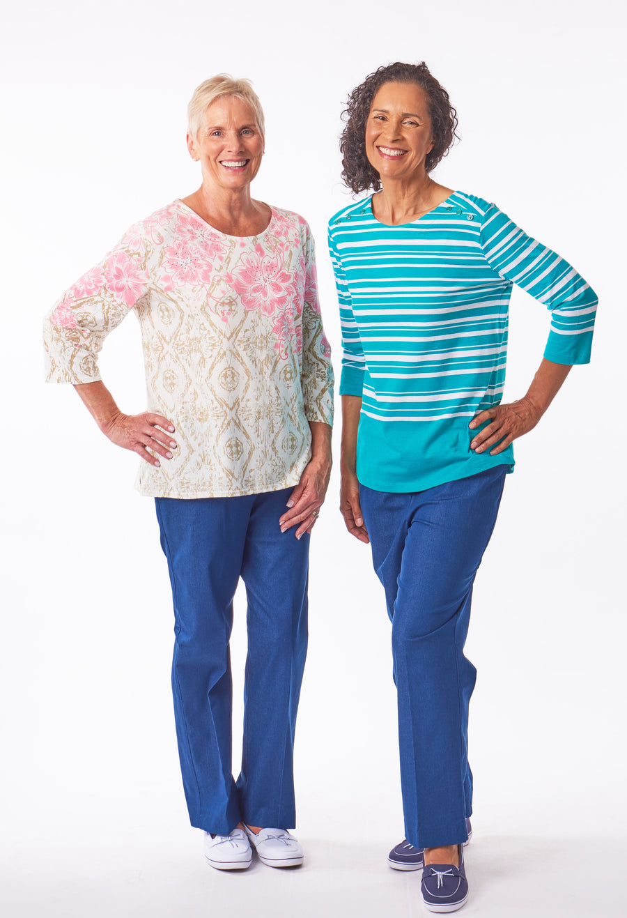 denim outift with 3/4 sleeve printed tops and elastic waist pull on denim pants