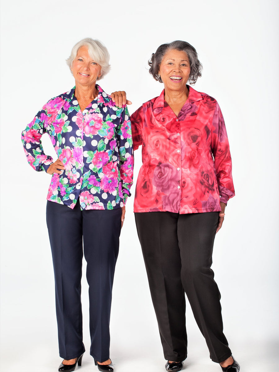 Women's button up blouse with elastic waist pants