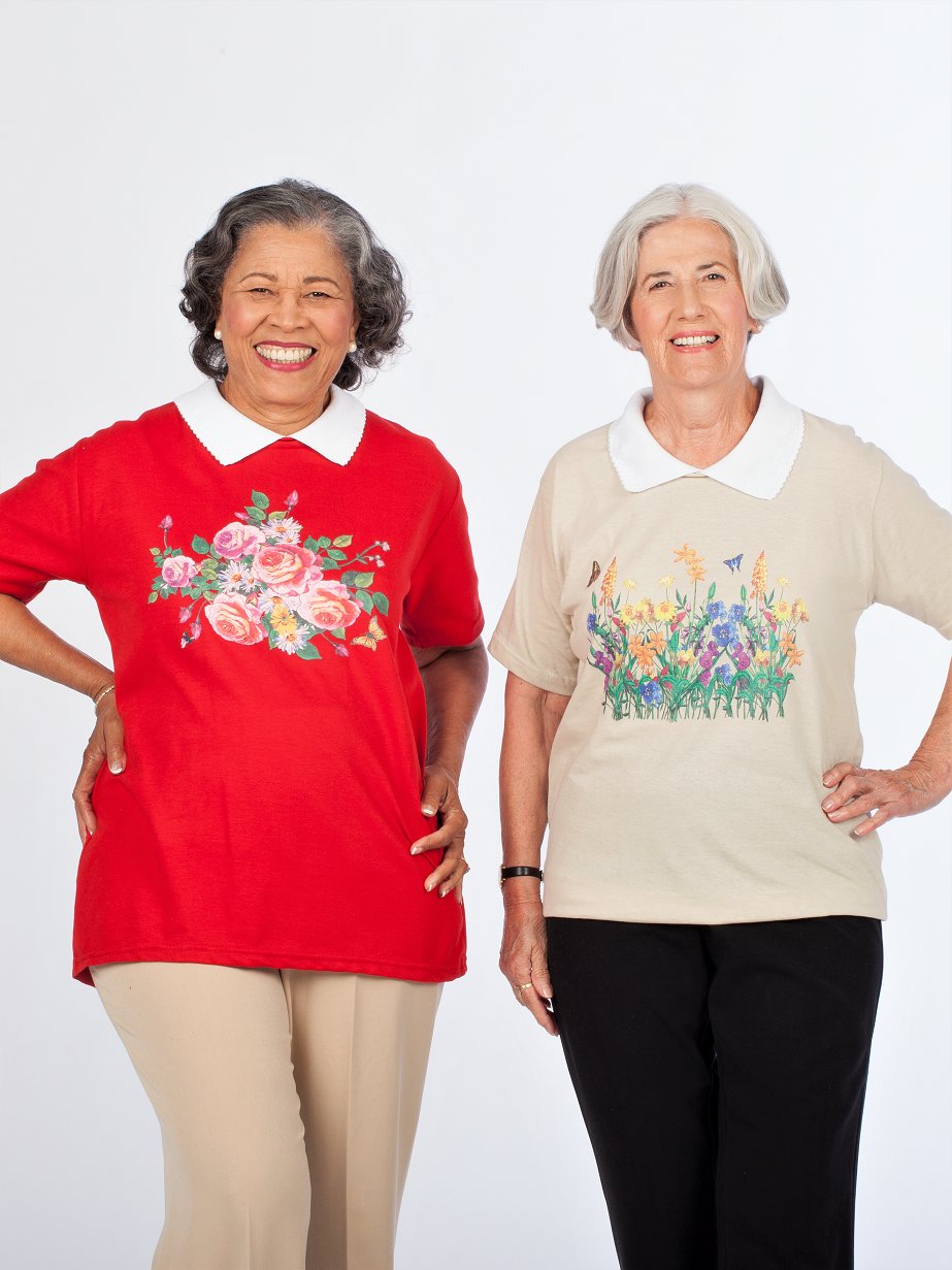 Women's back snap adaptive screen printed short sleeve tees