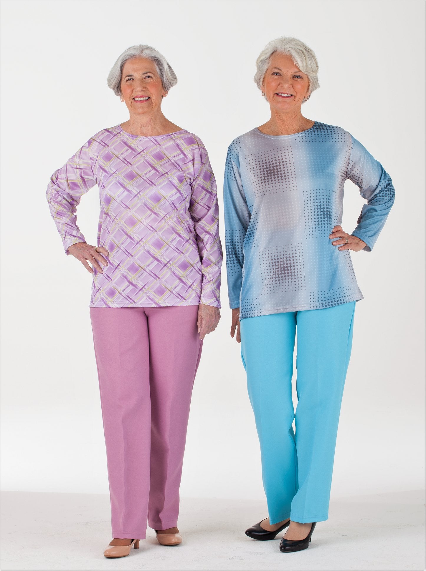 Long sleeve polyester scoop neck outfit with elastic waist pants