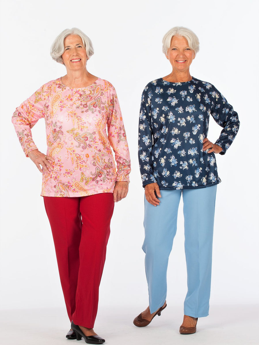 Long sleeve polyester scoop neck outfit with elastic waist pants