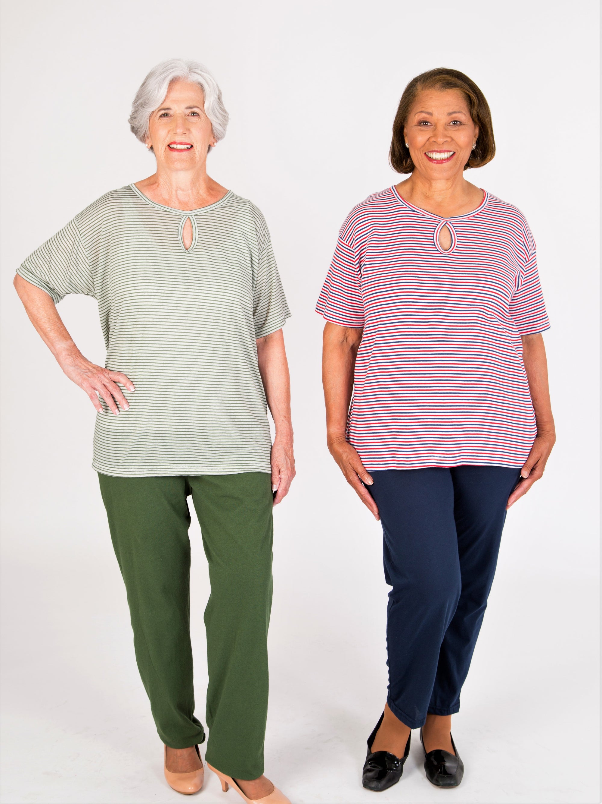 Striped women's keyhole knit outfit with elastic waist pants