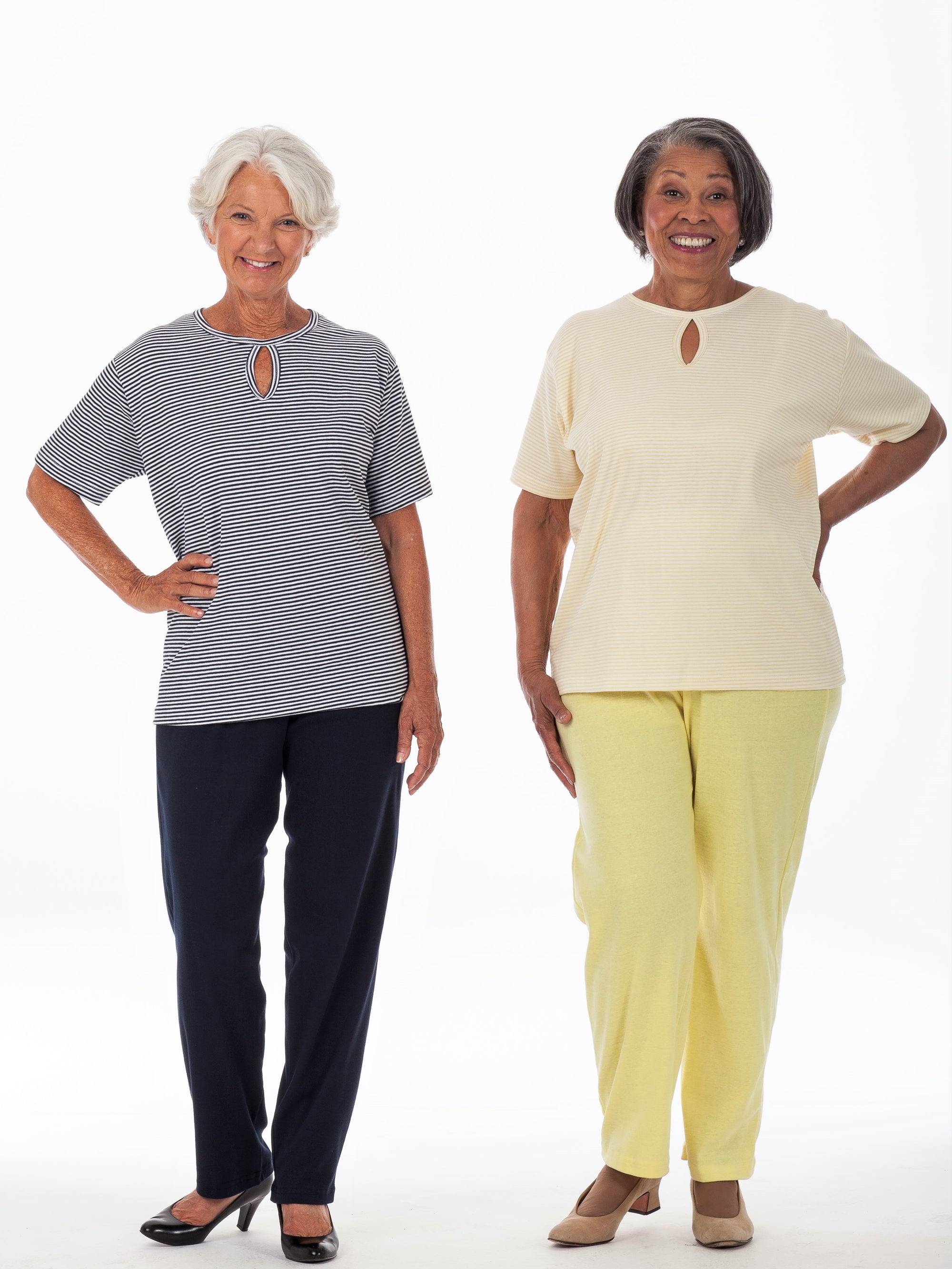 Striped women's keyhole knit outfit with elastic waist pants