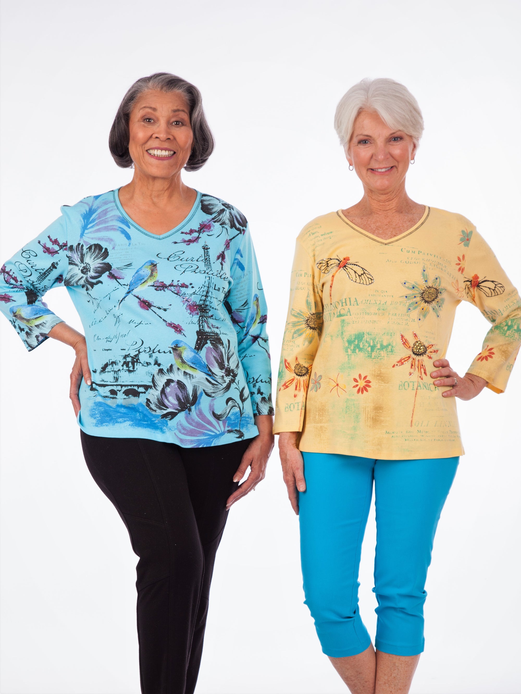 3/4 sleeve block printed stretchy women's tops