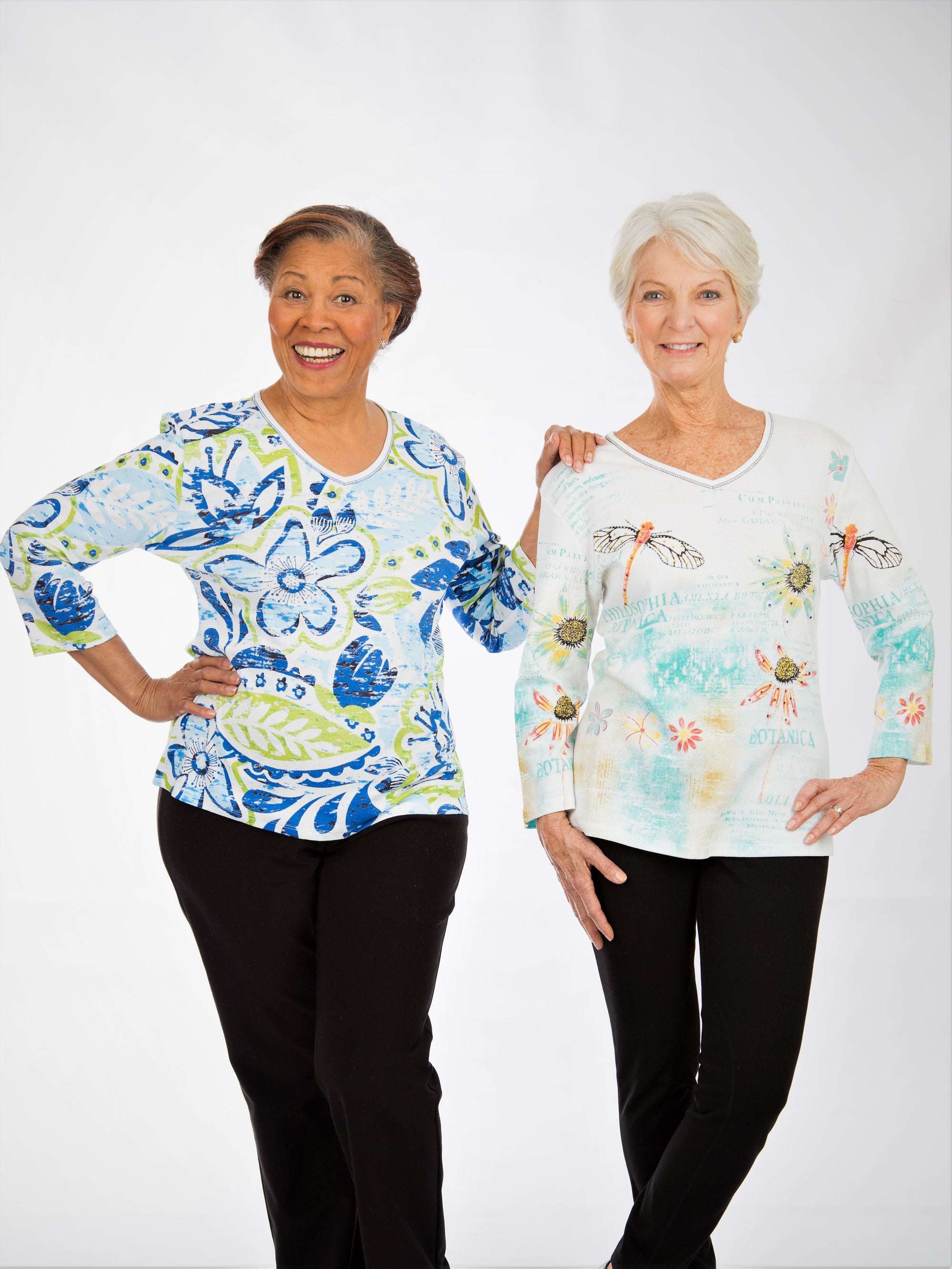 3/4 sleeve block printed stretchy women's tops